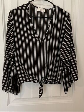 lavender field Black and White Vertical Stripe Tie-Front Blouse
